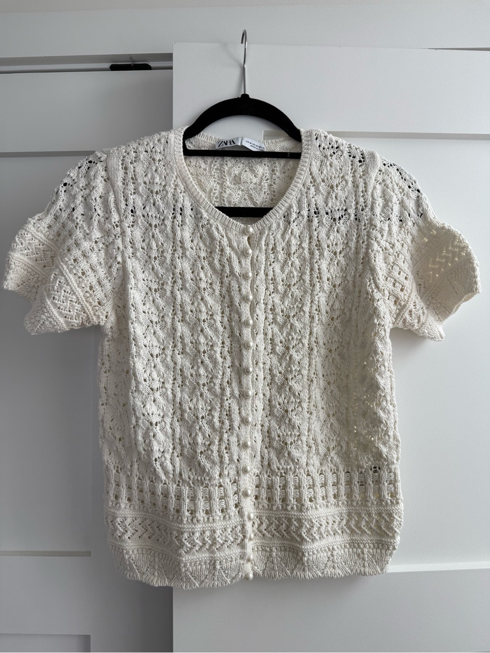 Zara Cream Crochet Button-Front Short Sleeve Cardigan
